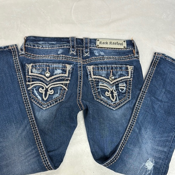 Rock Revival Blue Ankle Cropped Jeans with Intricate Stitching - Picture 1 of 15